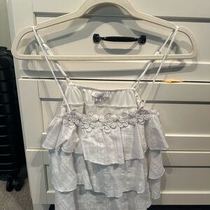 Kurious White Ruffle Blouse with Floral Trim